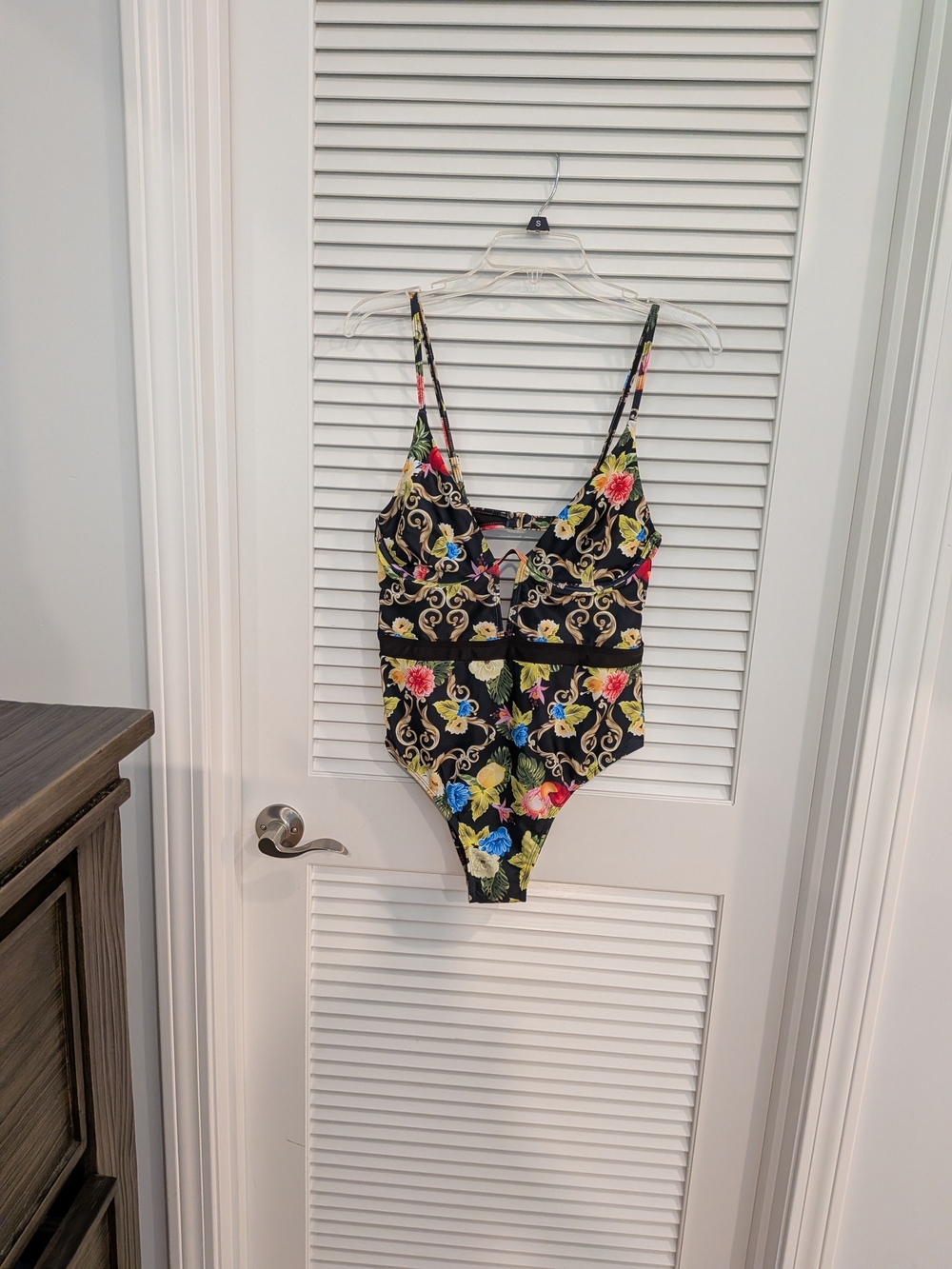 Juicy Couture Floral Black One-Piece Swimsuit with Gold Scrolls Size L/M